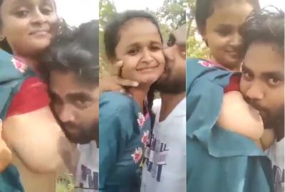 Indian outdoor sex of a guy sucking his GF's tight boobs