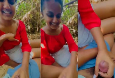 Sexy GF gives an outdoor handjob to her lover