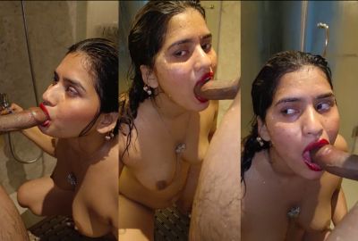 Honeymoon sex of a married wife sucking a dick while bathing