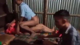 Three village guys fuck a cheap whore together in sex MMS