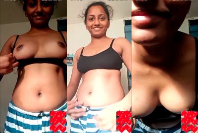 Naughty girl strips and shows boobs during video call sex